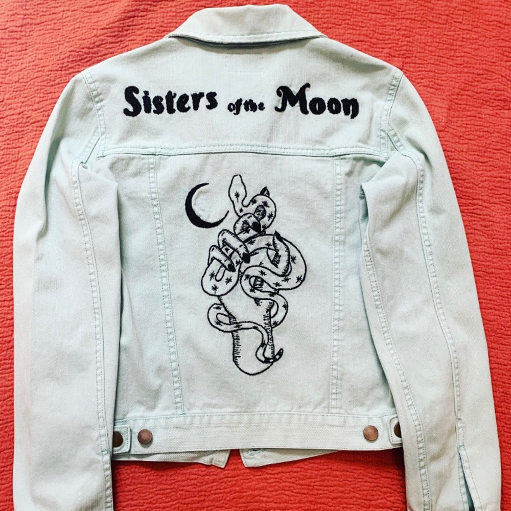 Hand embroidered jean jacket.